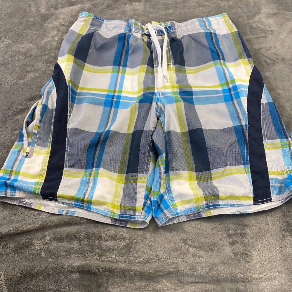 Ocean Pacific OP Shorts Mens L 36-38 Board Navy Plaid Beach Swim Trunk Outdoor‎